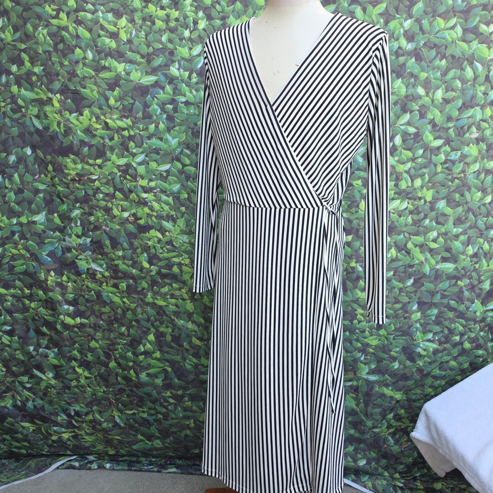 HM Womens Black White Striped Long Sleeve Wrap Midi Dress Size Large